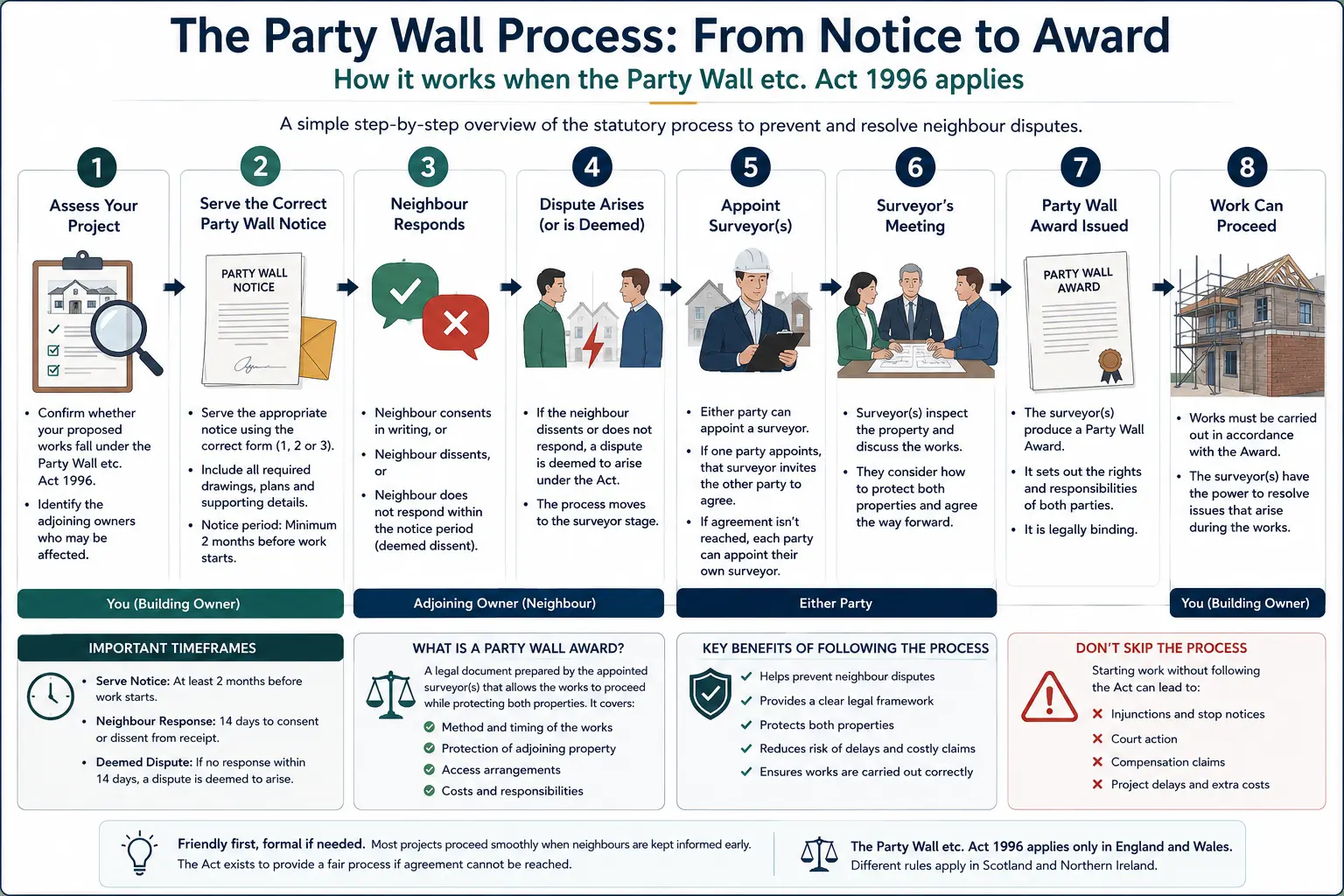 Do I Need a Party Wall Agreement? An infographic showing the party wall process from notice to award in a very interactive way for the citizens living in Wandsworth, UK