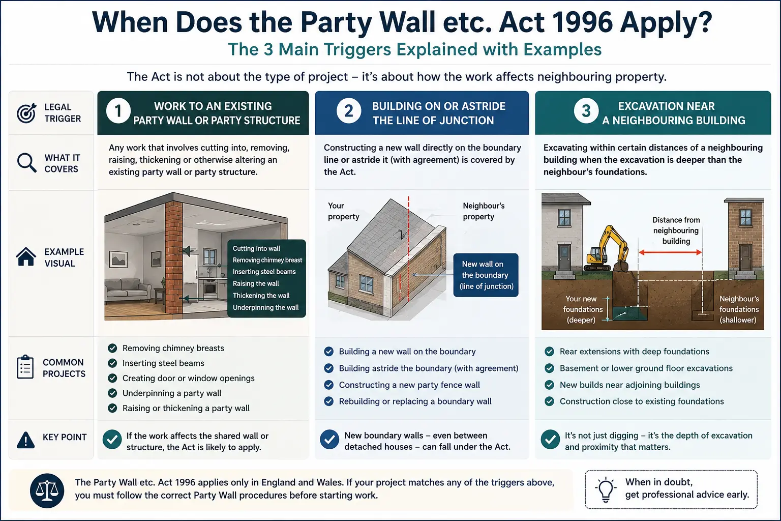 Do I Need a Party Wall Agreement? An infographic showing when does the party wall etc act 1996 apply like excavation, junction, painting, in Wandsworth, UK